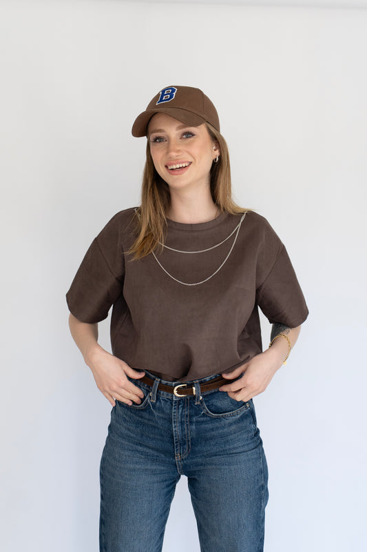Basic Oversize Kahve Tişört zincirli