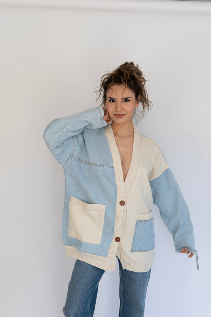 Denim Detaylı Oversize Hırka