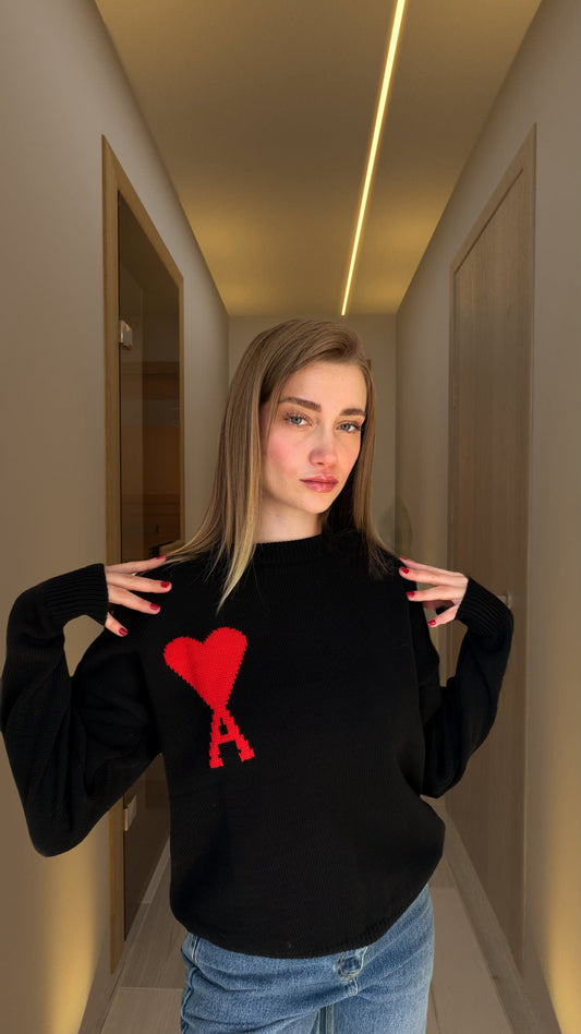 🖤 Siyah kalp detaylı oversize triko