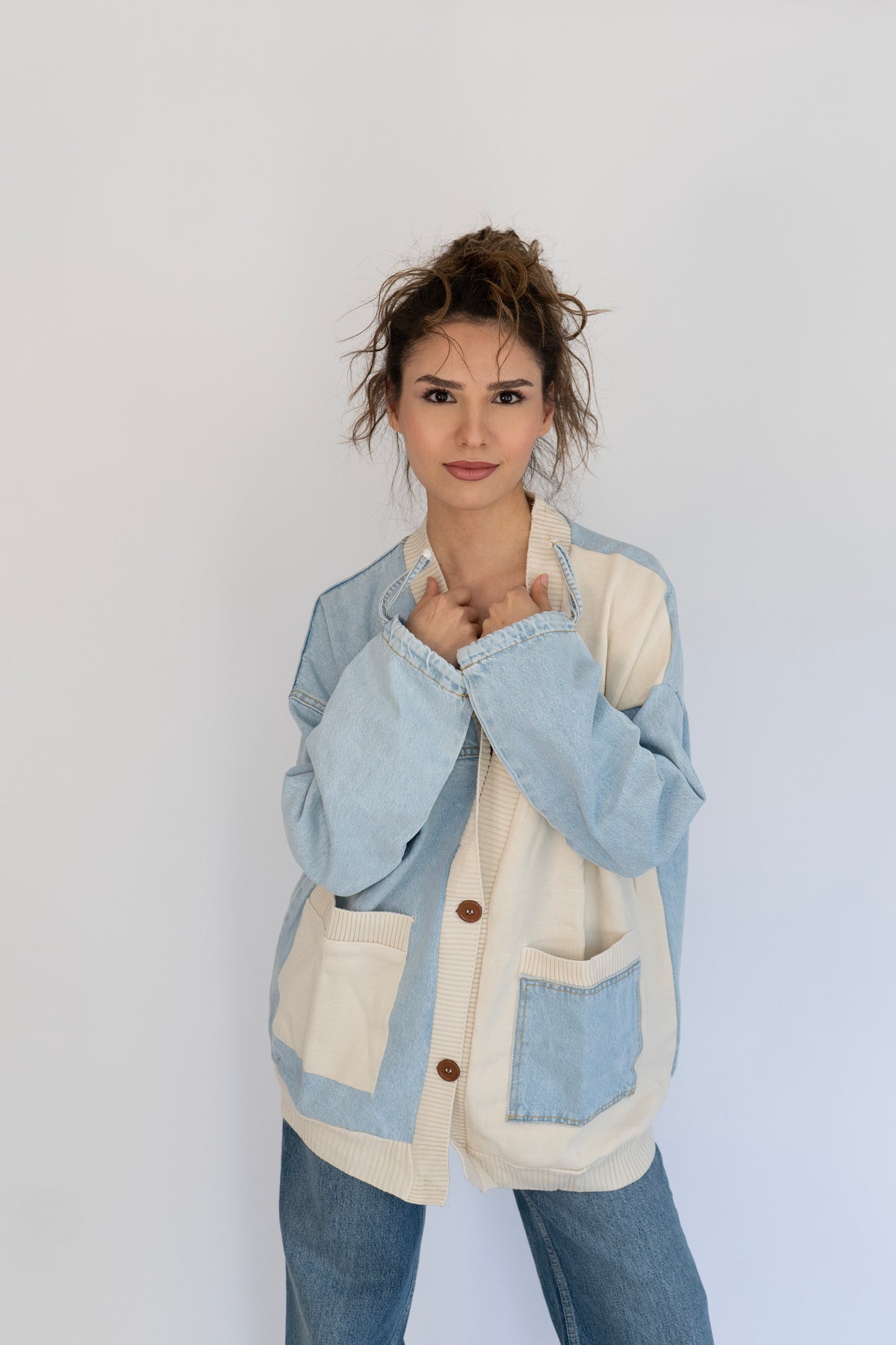 Denim Detaylı Oversize Hırka