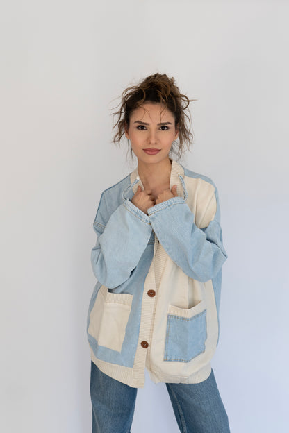 Denim Detaylı Oversize Hırka