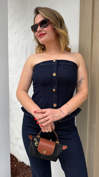 Gold düğme detaylı kot ikili takım