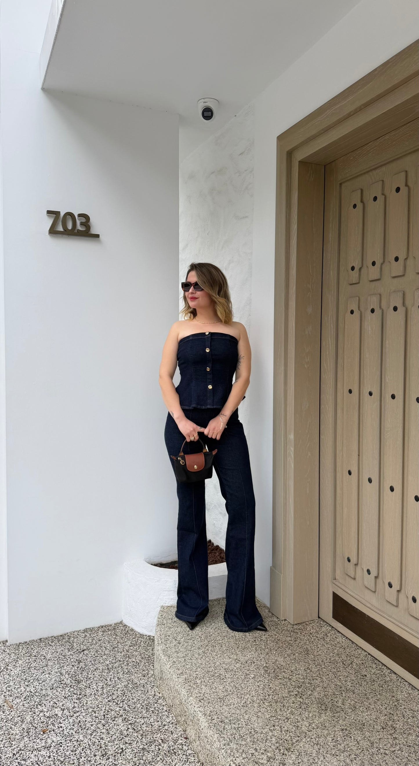 Gold düğme detaylı kot ikili takım