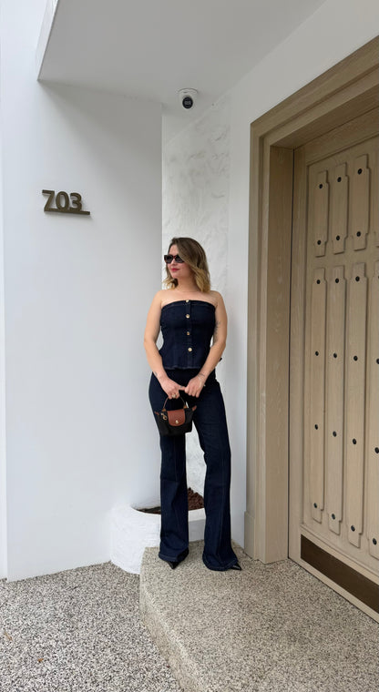 Gold düğme detaylı kot ikili takım