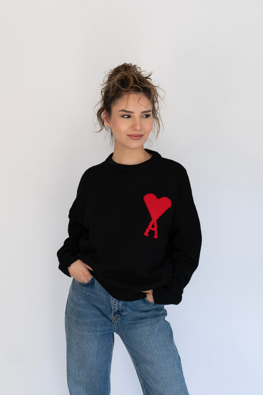 🖤 Siyah kalp detaylı oversize triko