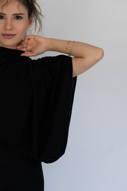 Asimetrik Detaylı Siyah Maxi Elbise parlak