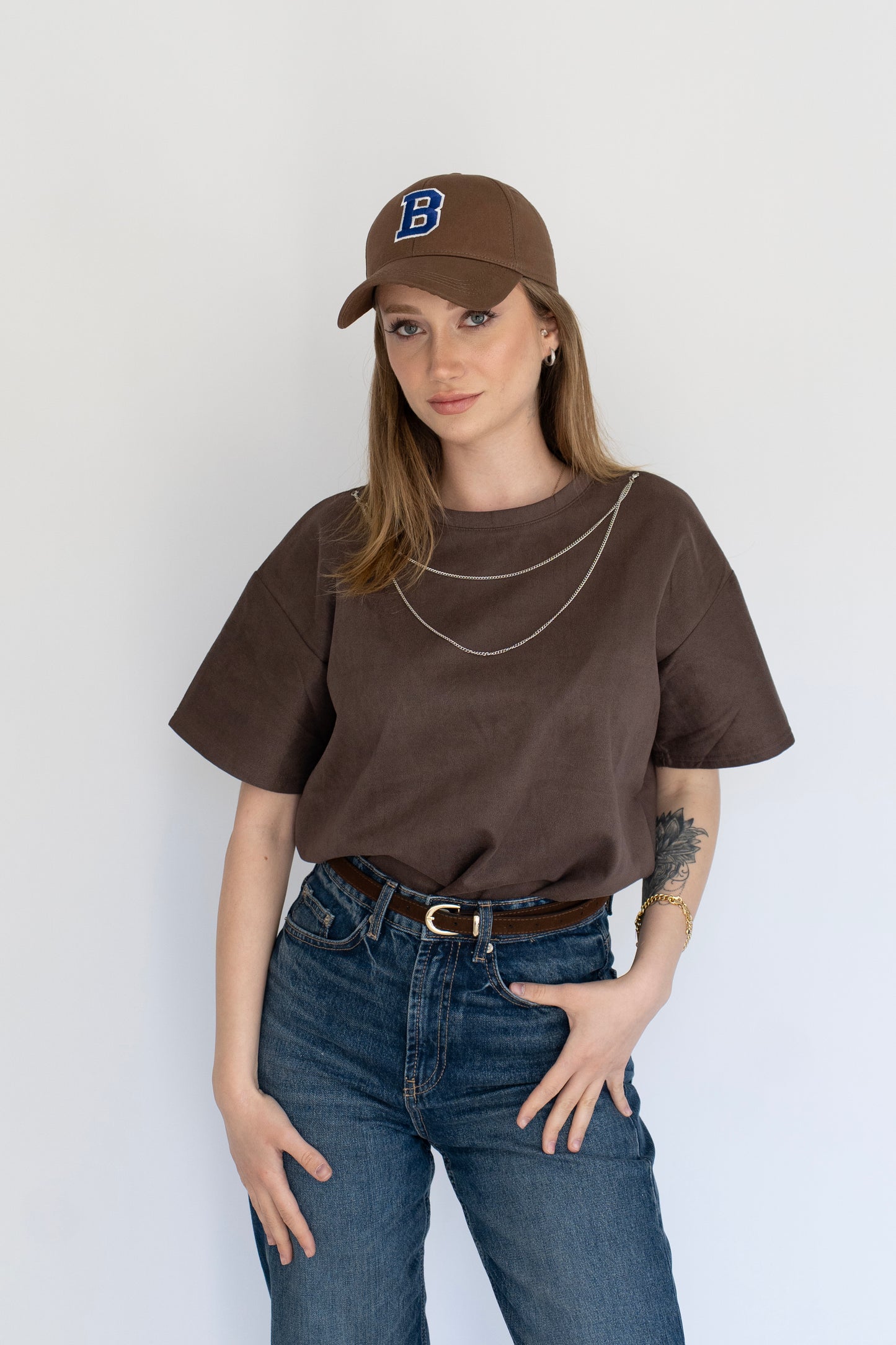 Basic Oversize Kahve Tişört zincirli