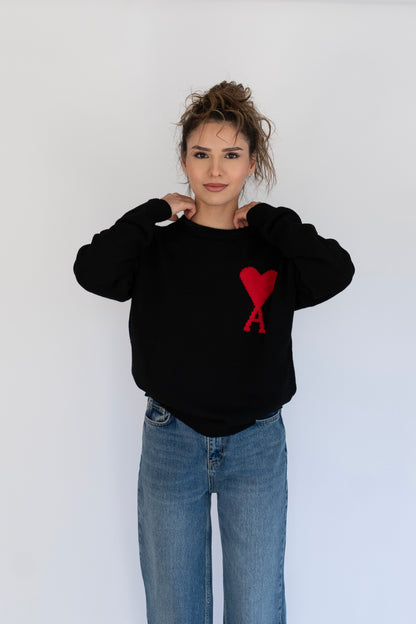 🖤 Siyah kalp detaylı oversize triko