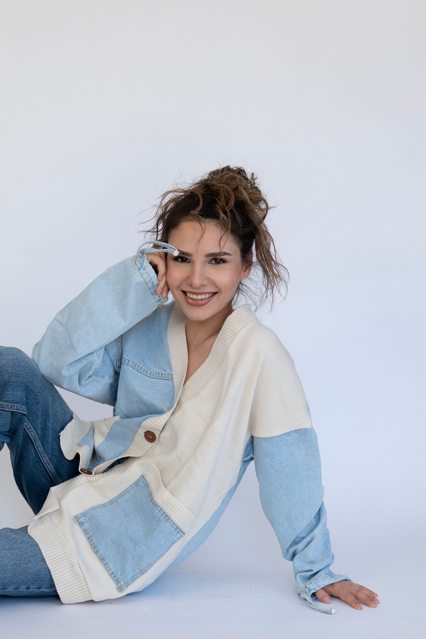 Denim Detaylı Oversize Hırka