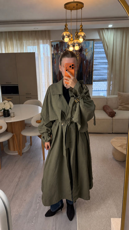 Haki kuşaklı oversize trençkot – görsel 3