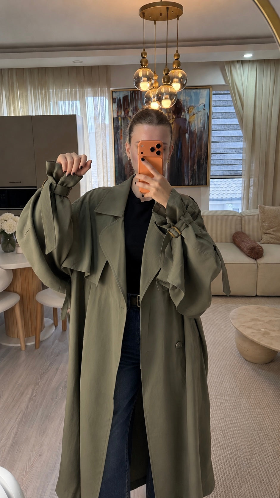 Haki kuşaklı oversize trençkot – görsel 4