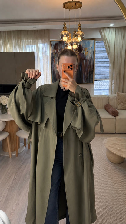 Haki kuşaklı oversize trençkot – görsel 4