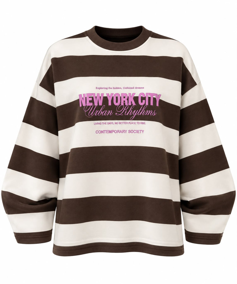 Kahverengi ekru çizgili New York baskılı sweatshirt | Eliv