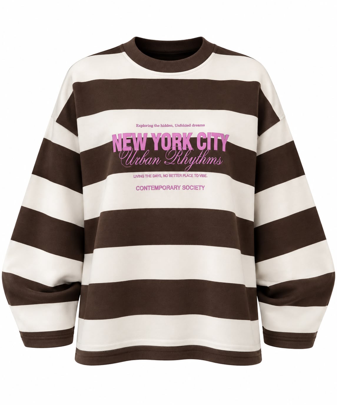 Kahverengi ekru çizgili New York baskılı sweatshirt | Eliv